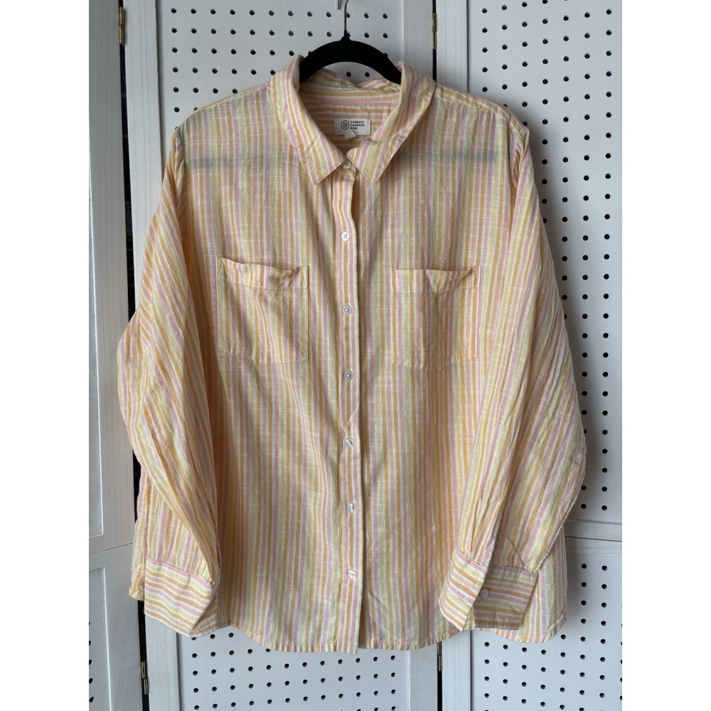 Candace Cameron Bure Striped L/S Button Down Yellow Pink Org Women's‎ 1X Cotton!